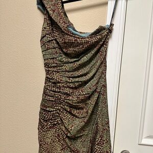 Andrew Marc One Shoulder Green and Red Dress